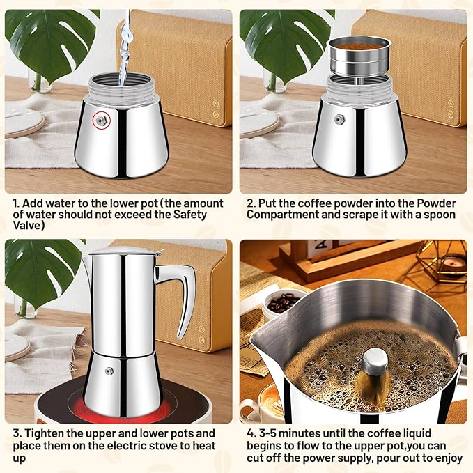 Vaolvpant No Coating 2 Cup Thickened 304 Stainless Steel Moka Pot Stovetop Espresso Maker Italian Coffee Machine 100ml 3.3oz Suitable for Gas Induction Stovetop Greca Coffee Maker Percolator