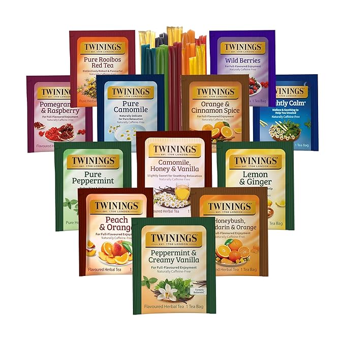 Twinings 48 Tea Bags Herbal Variety Pack – 12 Herbal Flavors with 20 Honey Sticks, Perfect Tea Gift Set for Any Occasion