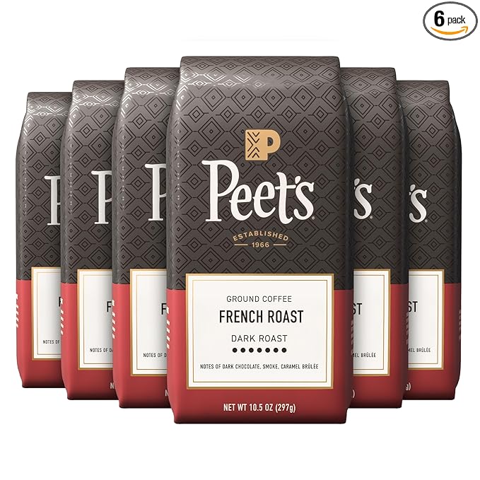 Peet's Coffee, Dark Roast Ground Coffee - French Roast 63 Ounces (6 Bags of 10.5 Ounces)