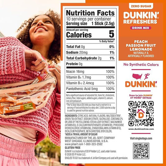 Dunkin’ Refreshers Singles To Go! Powdered drink mix packets, Peach Passionfruit Lemonade,10 packets per box Energy from Green Tea, aspartame-free, no synthetic colors, naturally and artificially flavored, just add water