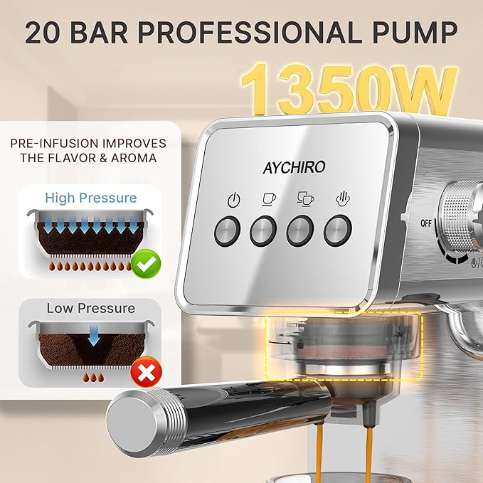 Espresso Machine with Steam Milk Frother, Adjustable Espresso Machine 20 Bar, Compact Espresso Maker for Latte & Cappuccino,Detachable Water Tank/Drip Tray