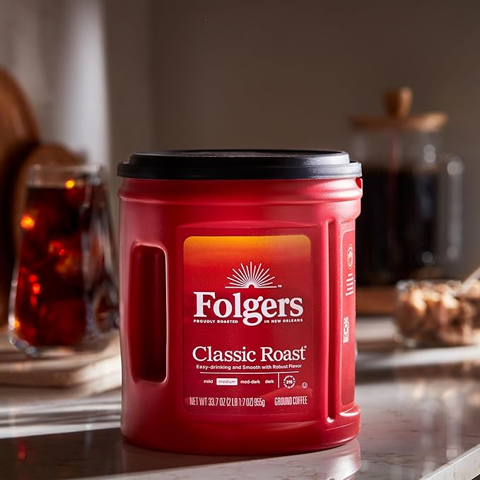 Folgers Classic Roast Ground Coffee, Medium Roast, 33.7 Oz. Canister (Pack of 6)