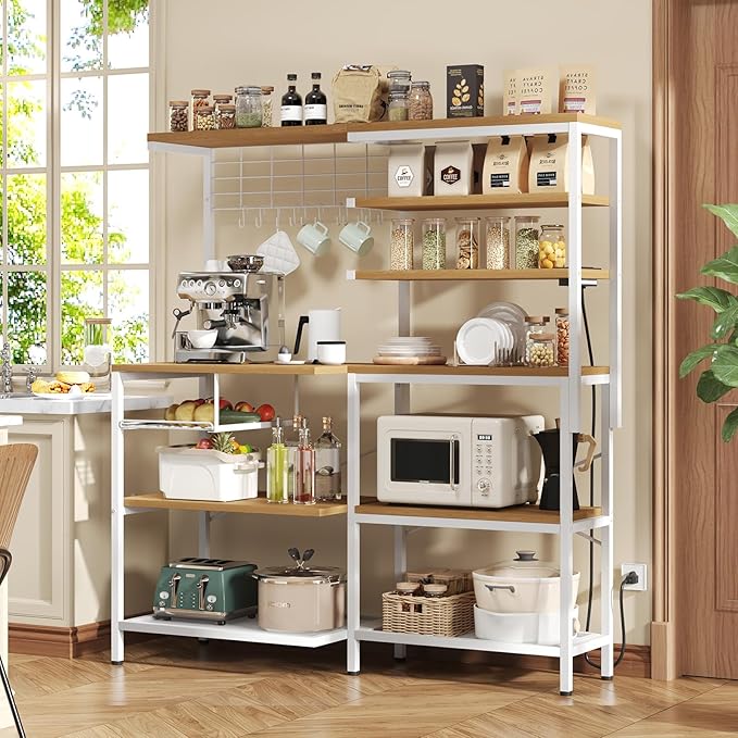 iabifo L-Shaped White Bakers Rack with Power Outlet, Kitchen Storage Rack with Hooks, Wire Shelf with Open Storage, Mesh Grid, Wire Basket