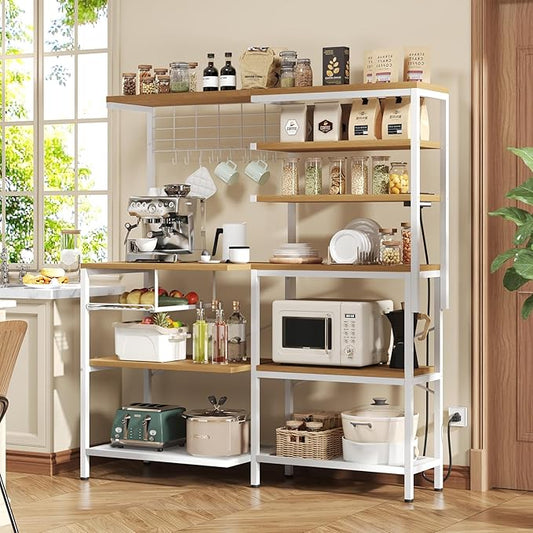 iabifo L-Shaped White Bakers Rack with Power Outlet, Kitchen Storage Rack with Hooks, Wire Shelf with Open Storage, Mesh Grid, Wire Basket