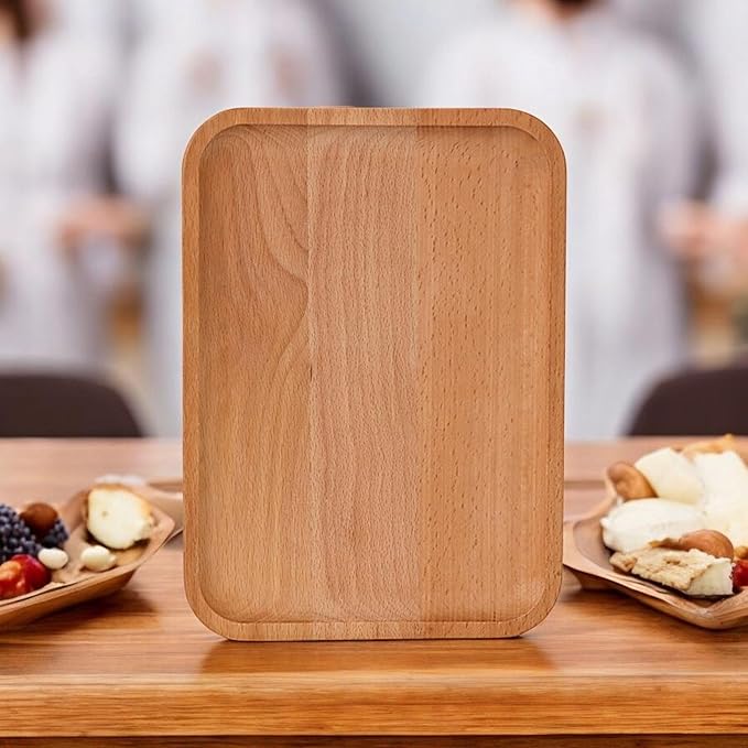 2 Pack Solid Wood Serving Platters and Trays of Natural with Edge,Rectangular Avoid Sliding and Spilling Food (Wood 10x7Inch)