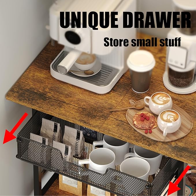 3 Tier Rolling Coffee Cart with 2-Door & Pull-Out Wire Basket Drawer, Movable Coffee Bar Cabinet on Lockable Casters, 32.7" H Microwave Cart with Storage for Home, Kitchen, Dining Room (Rustic Brown)