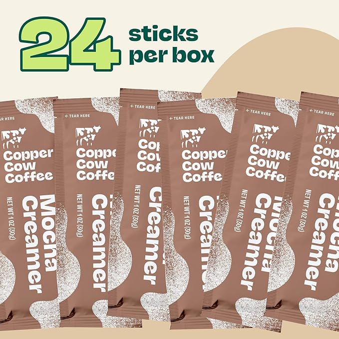 Copper Cow Coffee Sweetened Mocha Milk Creamer Singles (24 pack) | Vietnamese Inspired Coffee Creamer, All Natural Creamer Packets for Pour Overs & Lattes | No Refrigeration Needed, Travel Friendly