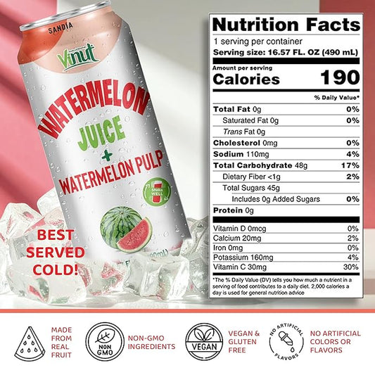 Vinut Natural Watermelon Juice Drink with Pulp, (16.57 fl oz, Pack of 24) Real Watermelon Juice, No Sugar Added, Gluten Free, GMO-Free
