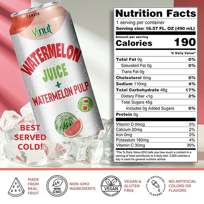 Vinut Natural Watermelon Juice Drink with Pulp, (16.57 fl oz, Pack of 6) Real Watermelon Juice, No Sugar Added, Gluten Free, GMO-Free