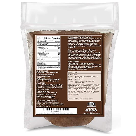 Healthworks Organic Cacao Powder - 1 lb, Peruvian, Sugar-Free, Keto, Vegan, Non-GMO Superfood