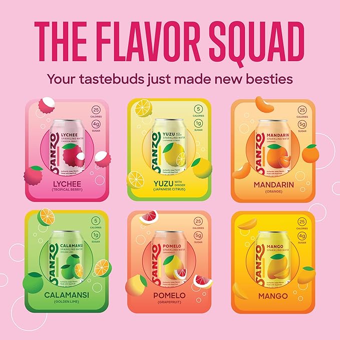 Sanzo Flavored Sparkling Water Variety Pack - Yuzu Lemon, Calamansi Lime, Pomelo Grapefruit, Mango, Lychee, Mandarin Orange - Asian Drinks Carbonated Flavored Water, Fizzy Seltzer - 12oz, 12 Pack