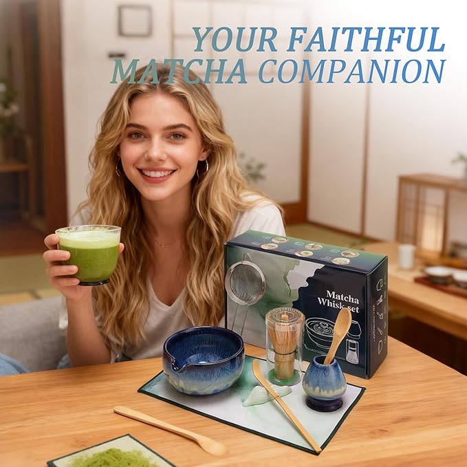 Matcha Whisk Set for Tea Lovers BittPicc 8Pcs Ceramic Matcha Tea Set with Bamboo Whisk, Bowl, Scoop & Holder - Gift for Starter Friend Family Traditional Japanese Tea Ceremony and Breakfast
