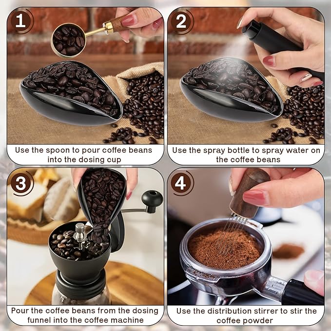 4Pcs Coffee Bean Dosing Cup, Spray Bottle, Spoon and Stirrer Tool Set, Coffee Bar Accessories Ceramic Espresso Dosing Funnel Spray Bottle for Reducing Coffee Static, Coffee Lover Gift (Black)