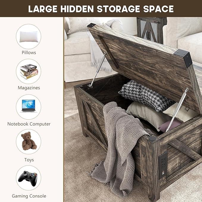 Farmhouse Lift Top Coffee Table with Storage, Wood Square Center Table with Charging Station&USB Port, Living Room Table w/Large Hidden Space, for Living Room, Bedroom, Home Office, Dark Grey