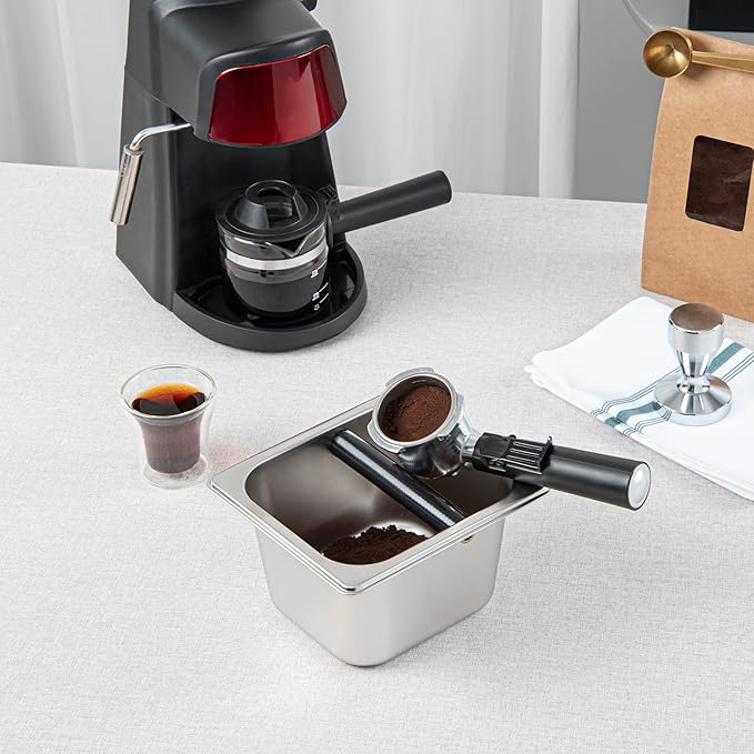 Restaurantware Restpresso 6.9 x 6.4 x 4 Inch Knock Box 1 Deep Tamp Box - Built-In Knock Bar Dishwashable Stainless Steel Barista Knock Box Durable For Coffee And Espresso Grounds