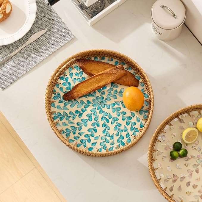 YANGQIHOME Round Rattan Tray with Handle, Mother of Pearl Inlay Decorative Wicker Basket for Coffee, Bread, Fruits, Serving Tray for Home Decor, Blue Clover