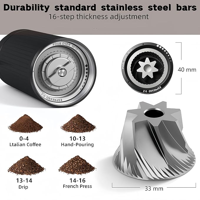 Burr Coffee Grinder 2-in-1 Manual/Electric, 40mm Stainless Steel Conical Burr Coffee Bean Grinder, USB Rechargeable Home Use, 16 Grind Levels for Espresso/Drip/French Press/Mocha (Black)