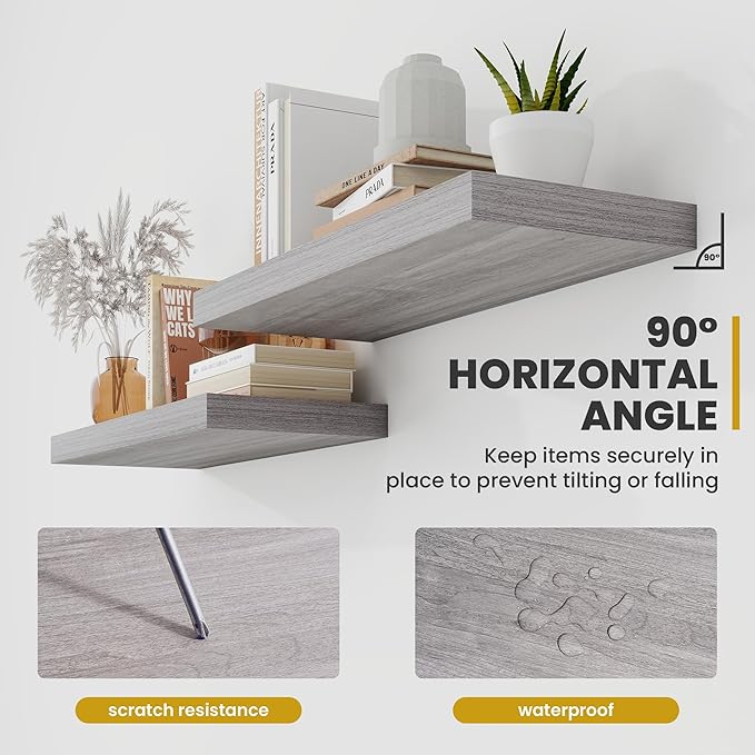 72 Inch Floating Shelves, 9.3" Deep Floating Shelf Wall Mounted, 72" Wall Shelves, Rustic Deep Bookshelf, Large Display Shelves & Storage Shelves for Bedroom, Living Room, Grey, Set of 1