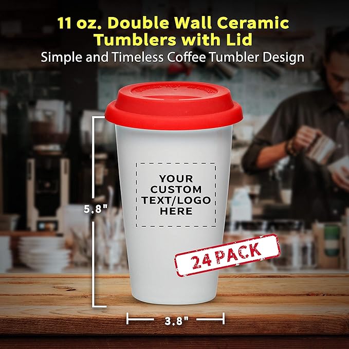 Personalized 11 oz. Double Wall Ceramic Tumblers with Lid - 24 Pack - Custom Text, Logo - Red
