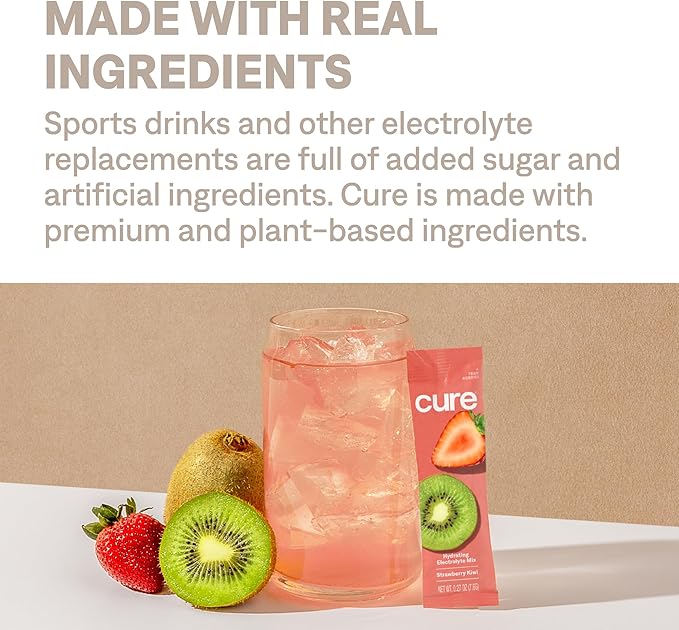Cure Hydration | Plant-Based Electrolyte Drink Mix | No Added Sugar | FSA-HSA | Dehydration Relief Powder Made with Coconut Water | Non-GMO | Vegan | Box of 8 Packets - Blood Orange