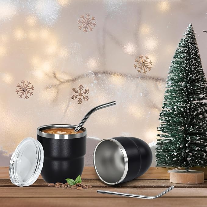 4oz Stackable Cup, Vacuum Insulated Espresso Cup Set of 2, Espresso Shot Glass for Coffee, Double Wall Stainless Steel Mini Tumbler Shot Glasses with Straw and Lid