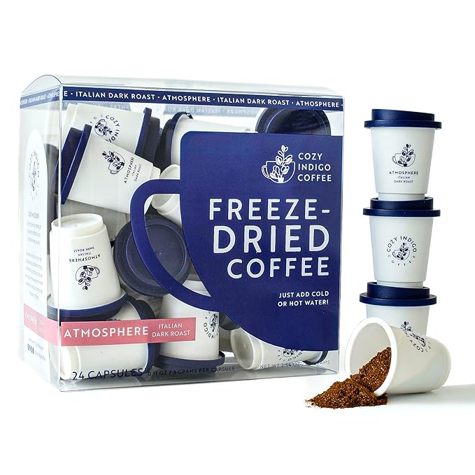 COZY INDIGO COFFEE - ATMOSPHERE Italian Dark Roast Instant Freeze Dried Specialty Coffee, 24 Capsules, 100% Arabica Beans, Enjoy Cold or Hot, Perfect for Travel and On The Go