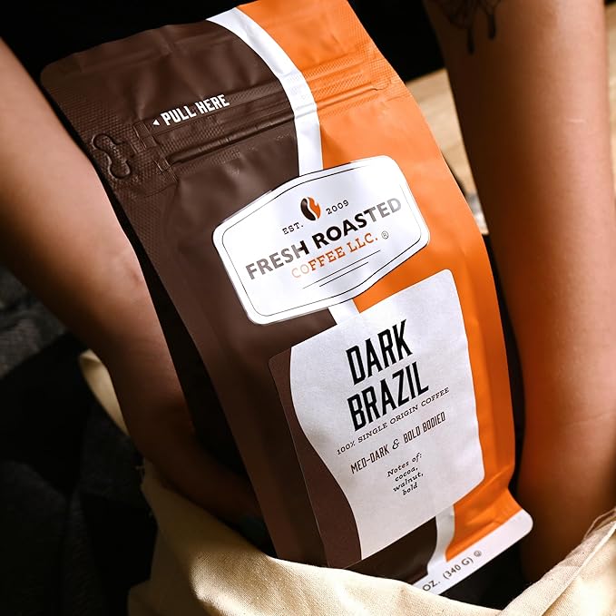 Fresh Roasted Coffee, Dark Brazil, 12 oz, Med-Dark Roast, Kosher, Whole Bean