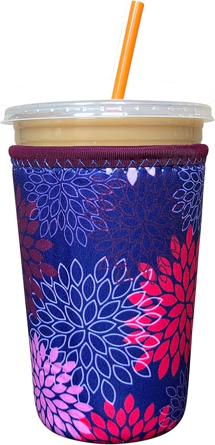 Koverz Iced Coffee Sleeve, Insulated Neoprene Cup Sleeve, Fits a 24 Oz. Coffee Cup, Washable and Reusable, Iced Coffee Accessories, Medium Midnight Mums