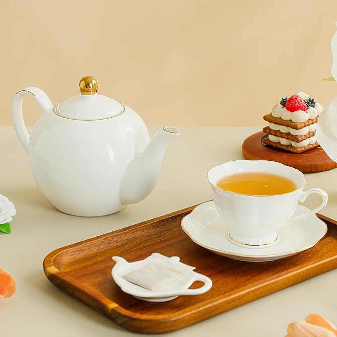 30oz White Porcelain Teapot, Classic design tea pot with Gold Trim, Beautiful white teapots for loose leaf tea and tea bags, Tea Party friendly