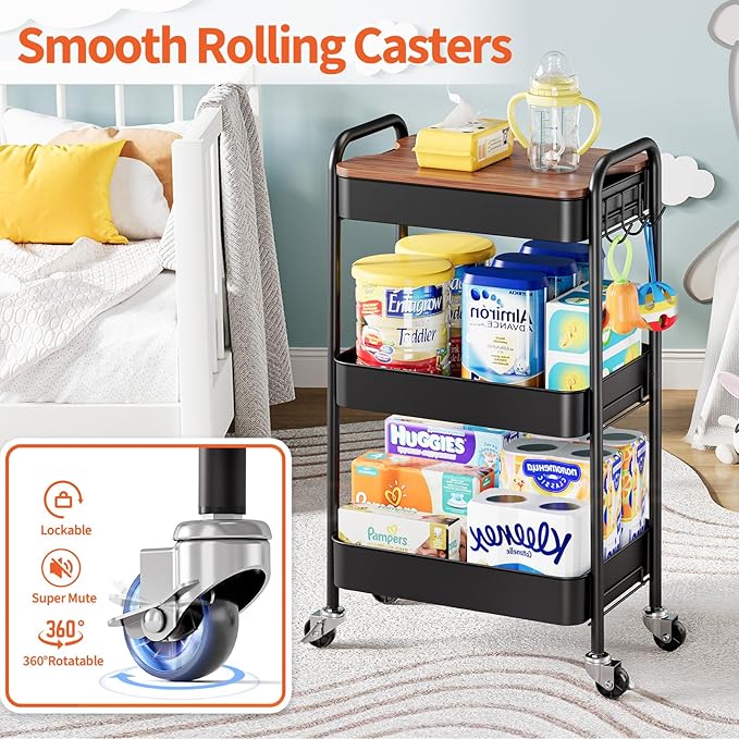 TOOLF 3-Tier Rolling Cart with Table Top, Metal Storage Cart on Wheels, Utility Organizer with Wooden Tray, Lockable Casters, Easy Assembly for Bathroom, Living Room, Office, Kitchen, Black