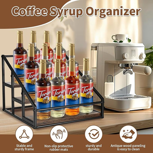 YQBRAO Coffee Syrup Rack Organizer, 3-Tier 12 Bottles Syrup Rack for Coffee Bar,Syrup Stand for Kitchen Coffee Station,Syrup Holder,Liquor Bottle Display Shelf