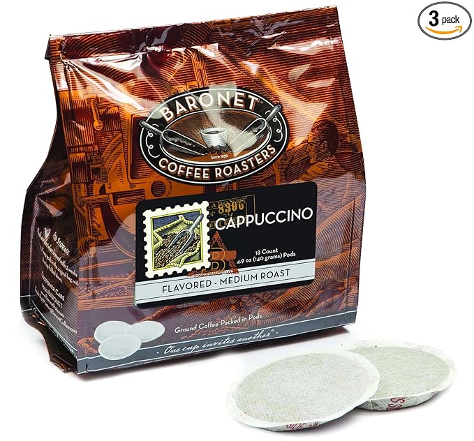 Baronet Coffee Pods [Cappuchino -54 Pods] Single Cup Use for Senseo Machine - 3 Bags of 18 Single Serve 8 Gram, Regular Strength, Medium Roast [Cappuchino]
