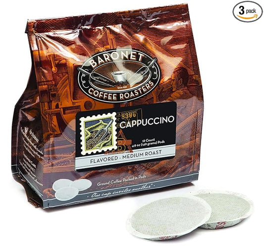 Baronet Coffee Pods [Cappuchino -54 Pods] Single Cup Use for Senseo Machine - 3 Bags of 18 Single Serve 8 Gram, Regular Strength, Medium Roast [Cappuchino]