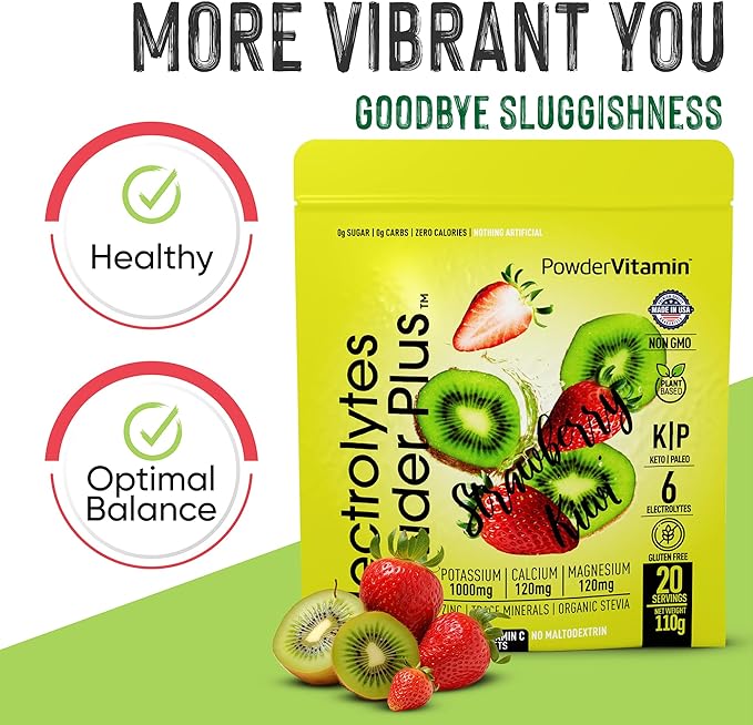 PowderVitamin Electrolytes Powder Plus (20 Servings) Strawberry Kiwi Electrolyte Powder Zero Calorie Keto,0 Sugar,No Maltodextrin,1000mg Potassium,120mg Calcium,120mg Magnesium, Pink Himalayan Salt