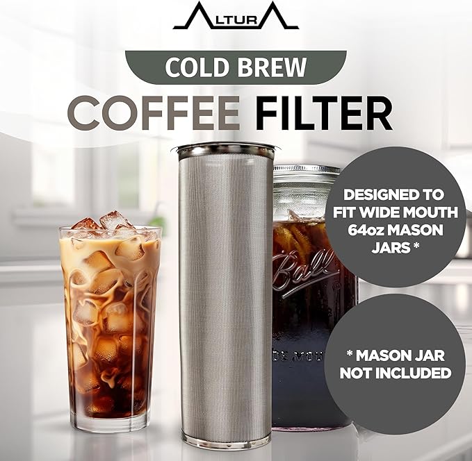 Altura The TUBE+ Cold Brew Coffee Maker and Tea Infuser for Wide Mouth Mason Jars - Stainless Steel Cold Brew Filter Strainer for Iced Coffee, Fruit Water & More - (64oz/2qt)
