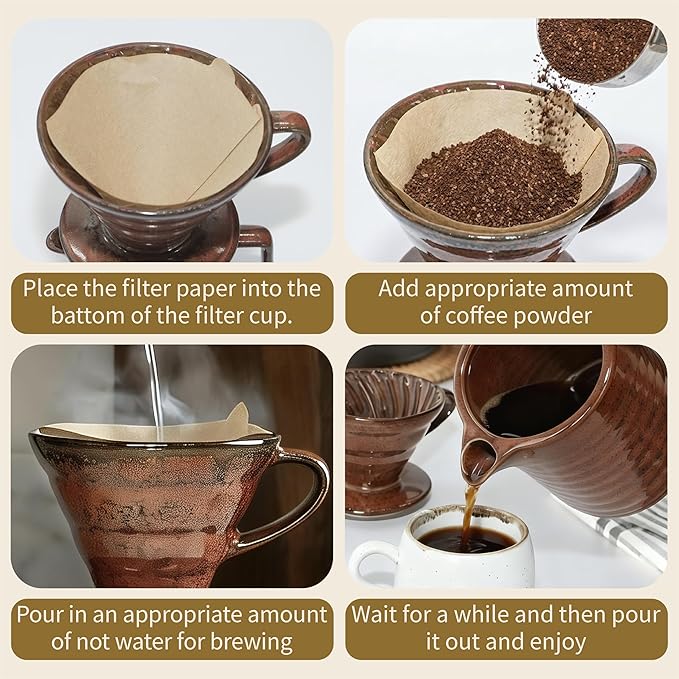 Vintage Ceramic Pour Over Coffee Maker with V60-Style Dripper and 40 Paper Filters (Red)