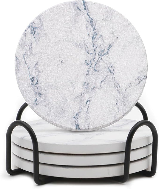 LIFVER Absorbent Coaster Sets of 4, Drink Coasters with Holder, White Marble Style Ceramic Drink Coaster for Tabletop Protection, Suitable for Kinds of Cups and Wooden Table, Cool Home Decor, 4 Inches