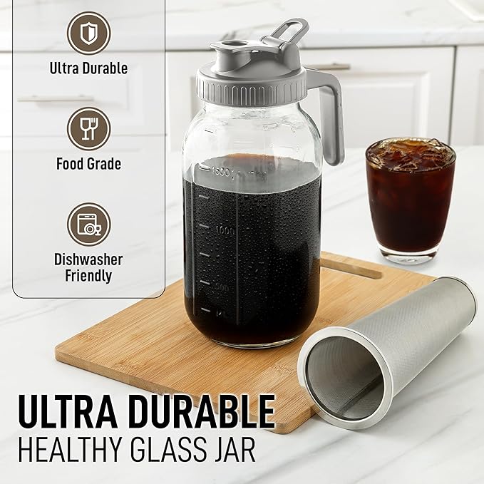 Zulay Premium Cold Brew Coffee Maker - 64oz Mason Jar With Leak-Proof Lid & Extra-Thick Glass - Fine-Mesh Stainless Steel Filter For Smooth Cold Brew & Iced Tea - Gray