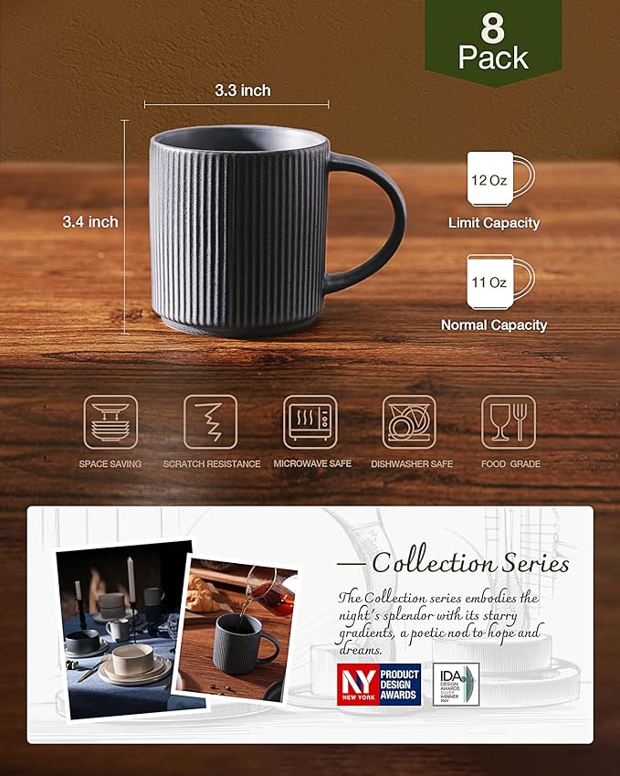 famiware Coffee Mug Set for 8, Star 12 oz Catering Mugs Cup Set with Handle for Coffee, Tea, Cocoa, Milk - Ceramic Stoneware Drinkware Set, Matte Dark Charcoal