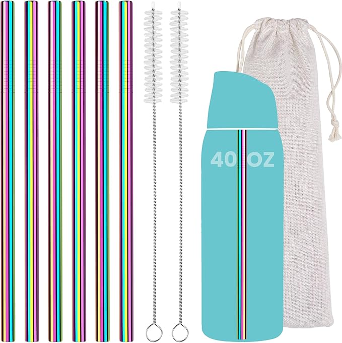 NiHome 6-Pack Iridescent Stainless Steel Drinking Straws, Compatible with Owala FreeSip 40oz, Food-Grade Rust-Resistant Material, Includes Cleaning Brushes & Travel Storage Bag