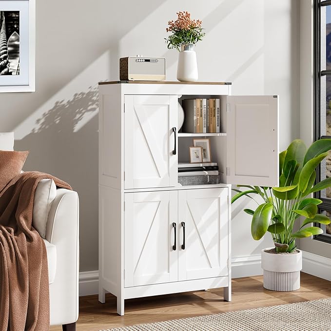 Bathroom Floor Storage Cabinet,Modern Bathroom Cabinet,Adjustable Shelves Freestanding Kitchen Pantry Bathroom Organizers and Storage,4 Doors(23.63L x 11.8W x 43.3H inch)