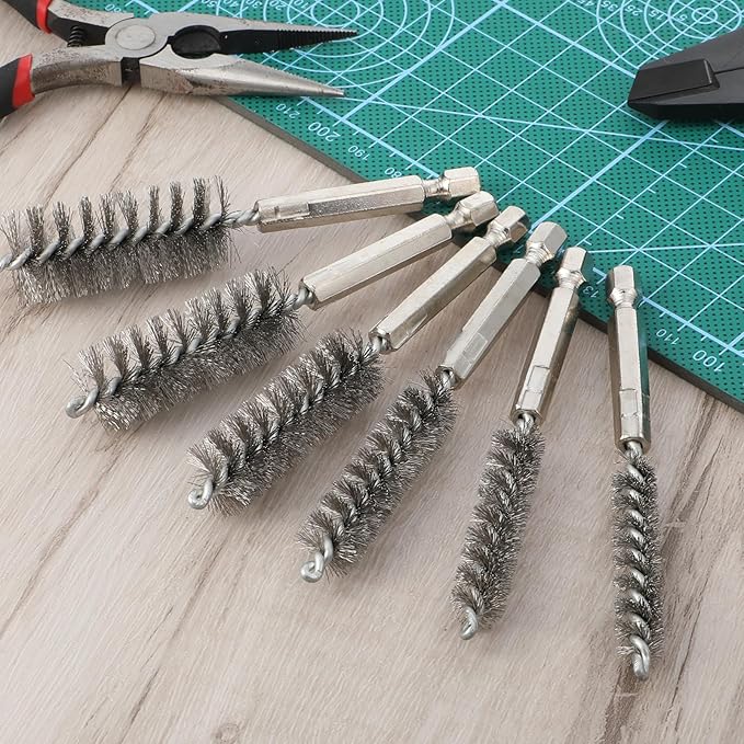 6 Pcs Stainless Steel Bore Brush Copper Pipe Cleaner, 6 Size Twisted Wire Cleaning Brush Set with 1/4 Inch Hex Shank for Cleaning Tubes Rust Bearings(8, 10, 12, 15, 17, 19mm)