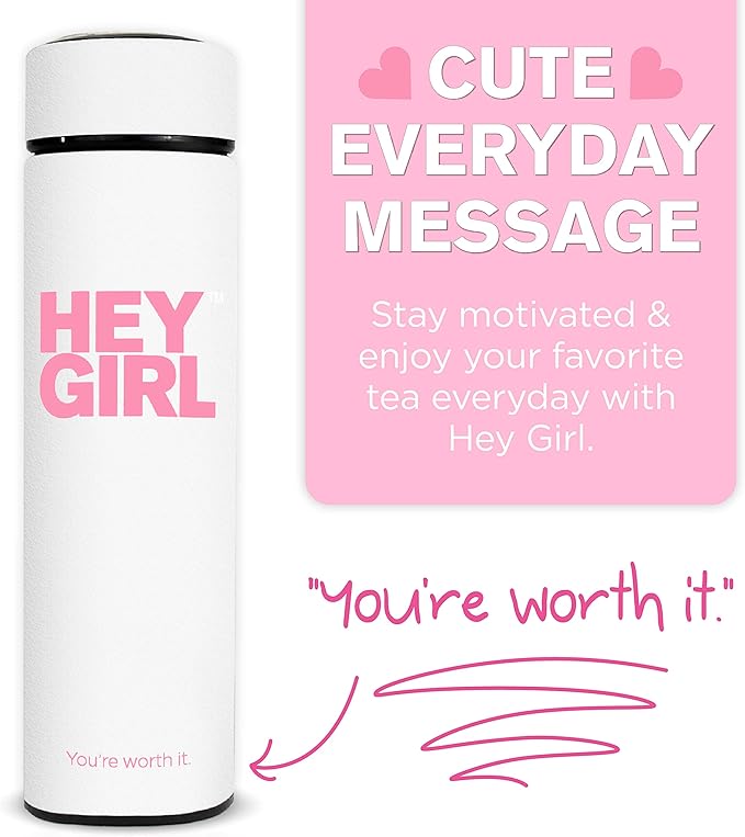 Hey Girl Tea Infuser Bottle 450ml - Insulated Stainless Steel Water Bottle - Tea Tumbler with Tea Diffuser - Portable Travel Mug for Loose Leaf Tea & Infused Water - Tea Lovers Gifts for Women