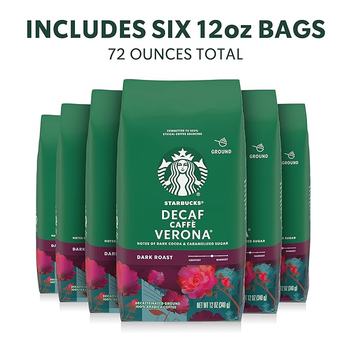 Starbucks Ground Coffee, Dark Roast Hot or Iced Coffee, Decaf Caffè Verona, Six 12 oz Bags