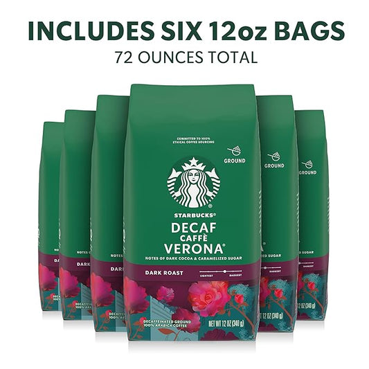 Starbucks Ground Coffee, Dark Roast Hot or Iced Coffee, Decaf Caffè Verona, Six 12 oz Bags