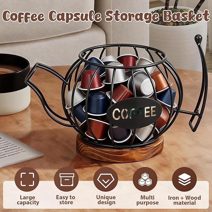 Coffee Pod Organizer for Countertop, Coffee Bar Accessories with Wooden Base, Round Basket Decor for Kitchen Countertop for Pods and Espresso Capsules