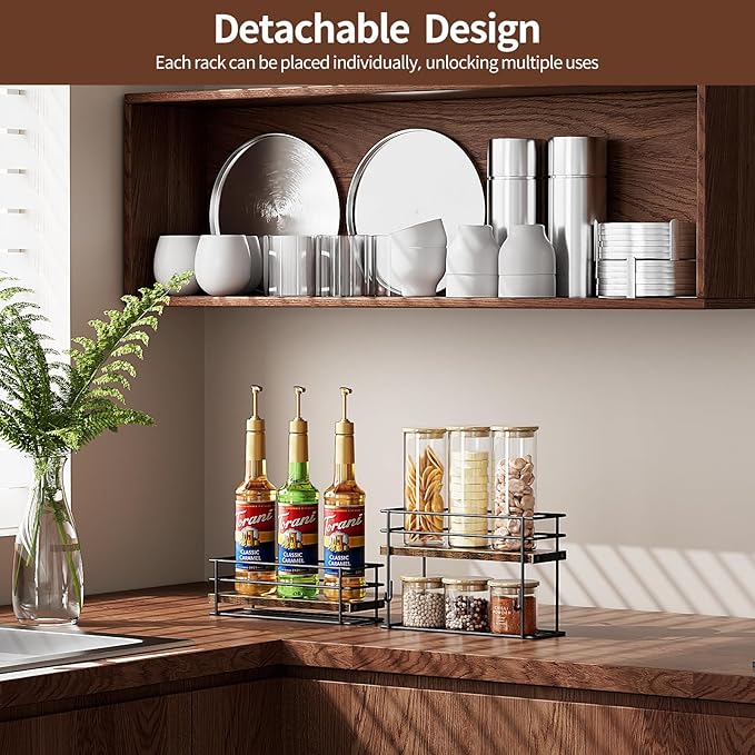 Nuovoware Coffee Syrup Organizer, 2-Tier 6 Bottles Bar Organizer, Separable Metal Rack with Wooden Base Whiskey Wine Dressing for Countertop Kitchen Coffee Bar, Black