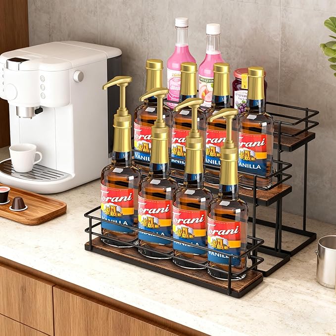 EFYSE Coffee Syrup Organizer rack, 3 Tier Syrup Holder(12 Bottle Capacity) for coffee bar syrup storage,kitchen condiment organization and wine display.