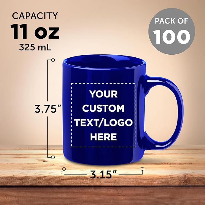 Custom Ceramic Coffee Mugs 11 oz. Set of 100, Personalized Bulk Pack - Coffee cup set, Iced coffee cup, Gaming mug - Royal Blue
