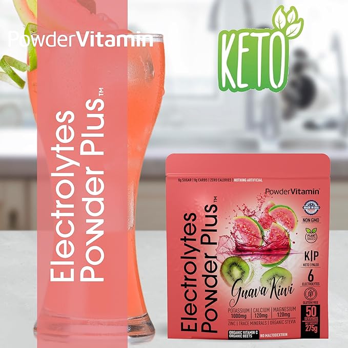 PowderVitamin Electrolytes Powder Plus (50 Servings) Guava Kiwi Electrolyte Powder Zero Calorie Keto, 0 Sugar, No Maltodextrin,1000mg Potassium,120mg Calcium,120mg Magnesium, Hydration Powde